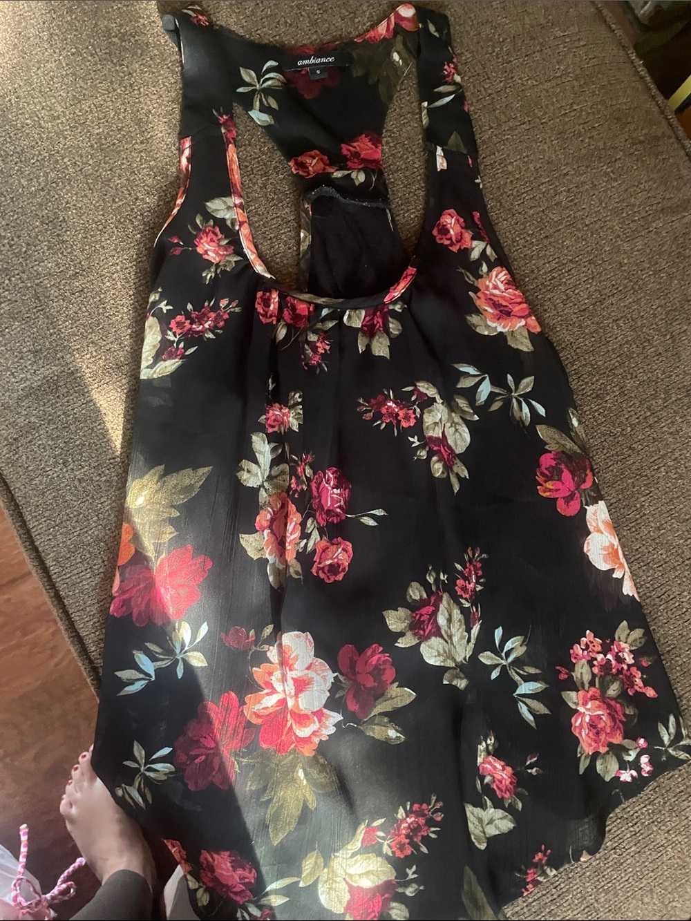 Floral Racerback Tank Top - Black with Pink & Green Blooms